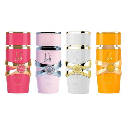 Lattafa 4 Piece Set Eau De Parfum for Women (3.4 Oz Yara + 3.4 Oz Yara Moi + 3.4 Oz Yara Tous + 3.4 Oz Yara Candy)