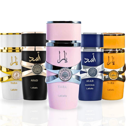 Lattafa Yara Collection 5 Piece Set - Yara, Yara Moi, Yara Tous, Asad, Asad Zanzibar - Eau De Parfum 3.4 OZ