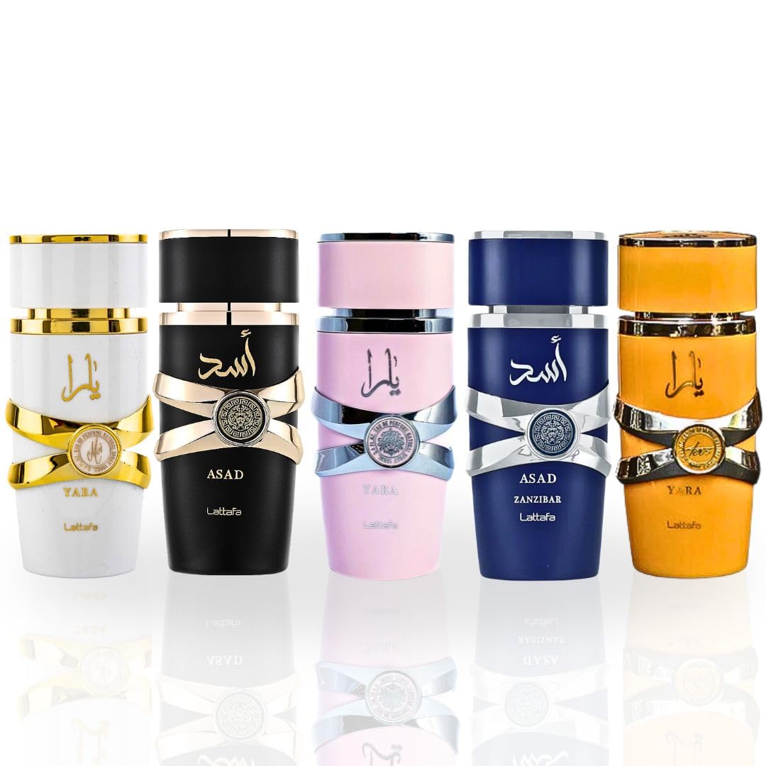 Lattafa Yara Collection 5 Piece Set - Yara, Yara Moi, Yara Tous, Asad, Asad Zanzibar - Eau De Parfum 3.4 OZ