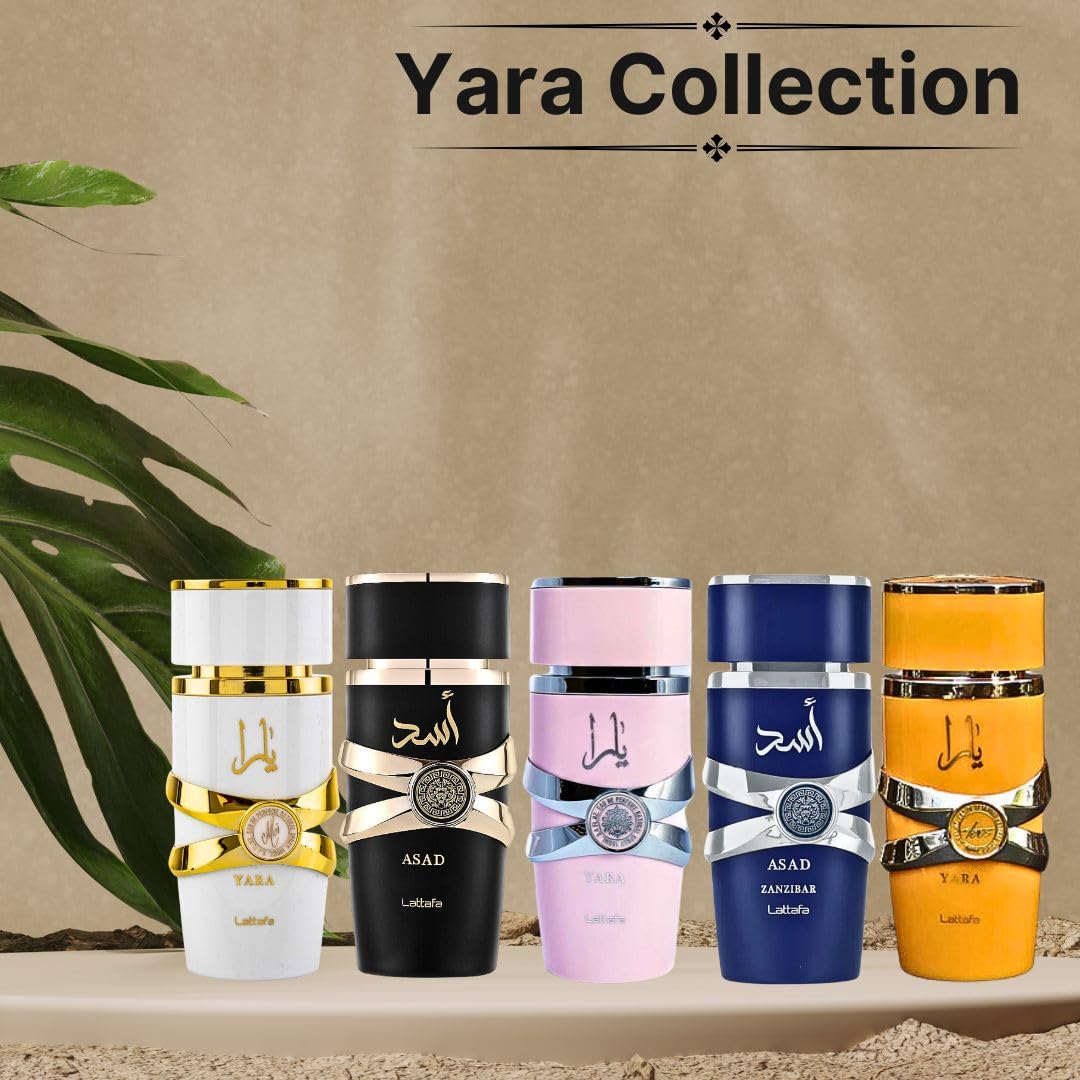 Lattafa Yara Collection 5 Piece Set - Yara, Yara Moi, Yara Tous, Asad, Asad Zanzibar - Eau De Parfum 3.4 OZ